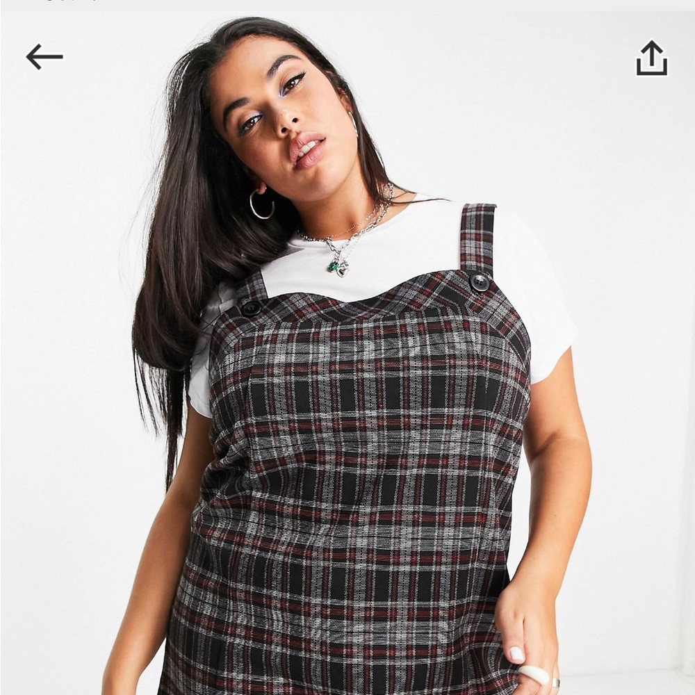 ASOS Curve Checkered Pinafore Mini Dress With White T-Shirt
